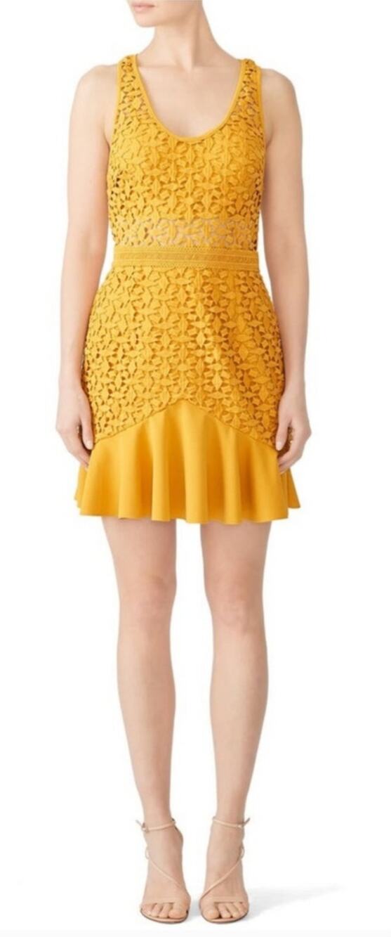 Stylestalker Solana yellow geometric lace flounce hem dress Sz Large Boho Retro